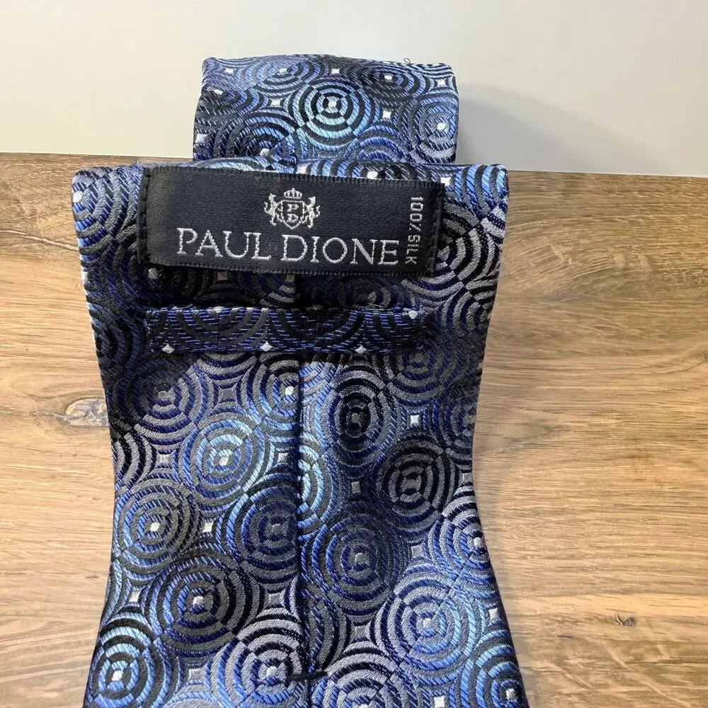 VTG Paul Dione Tie Blue Black Geometric Circle Print Silk Necktie